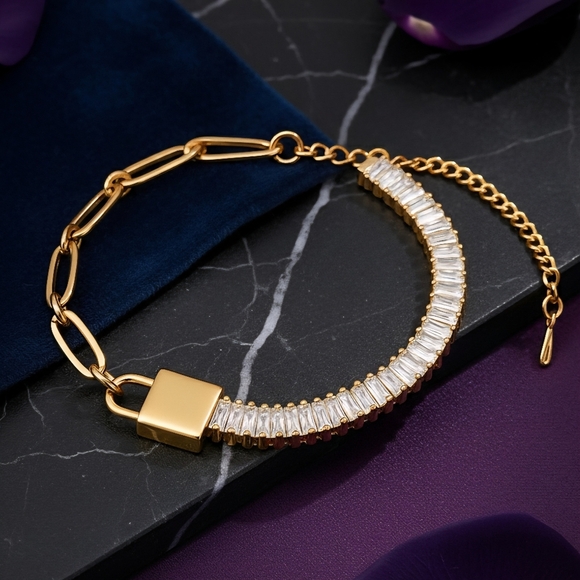 πModern Padlock Zircon Baguette Dainty Bracelet 18K Gold Plated Stainless Steel - Picture 8 of 10